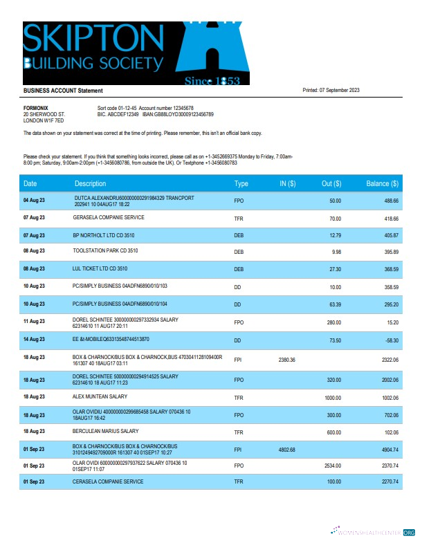 Download Skipton Building Society Bank firm account statement Word and PDF template Photoshop template